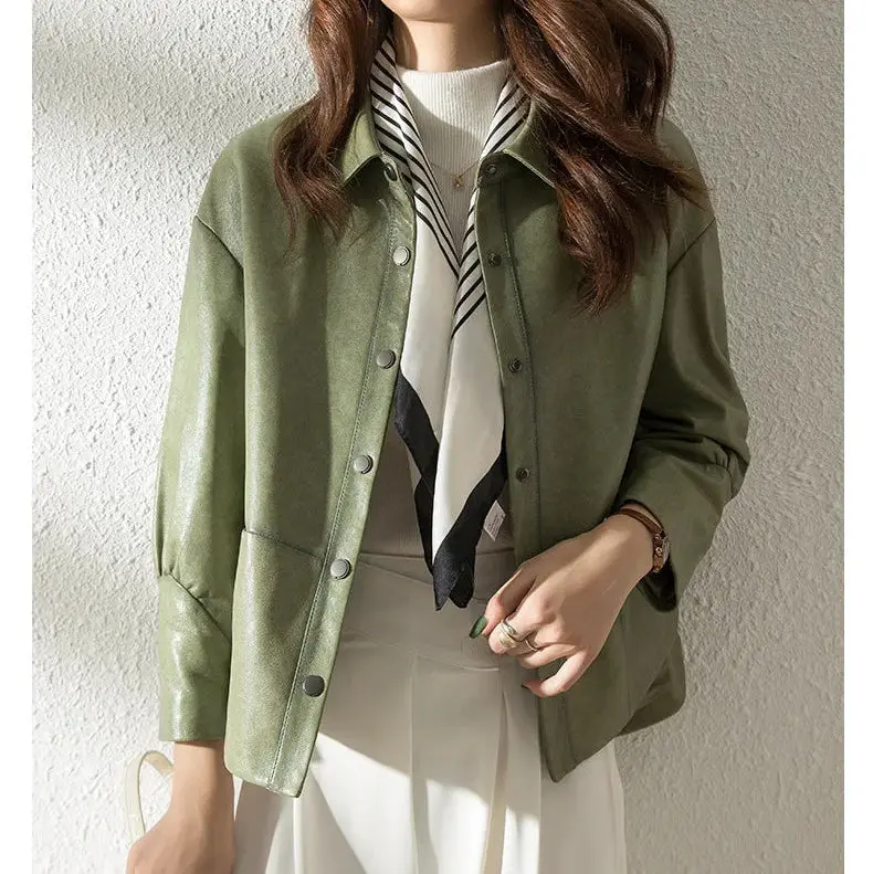 Spring Autumn Women's Short Locomotive Casual Loose Lapel Leather Jacket
