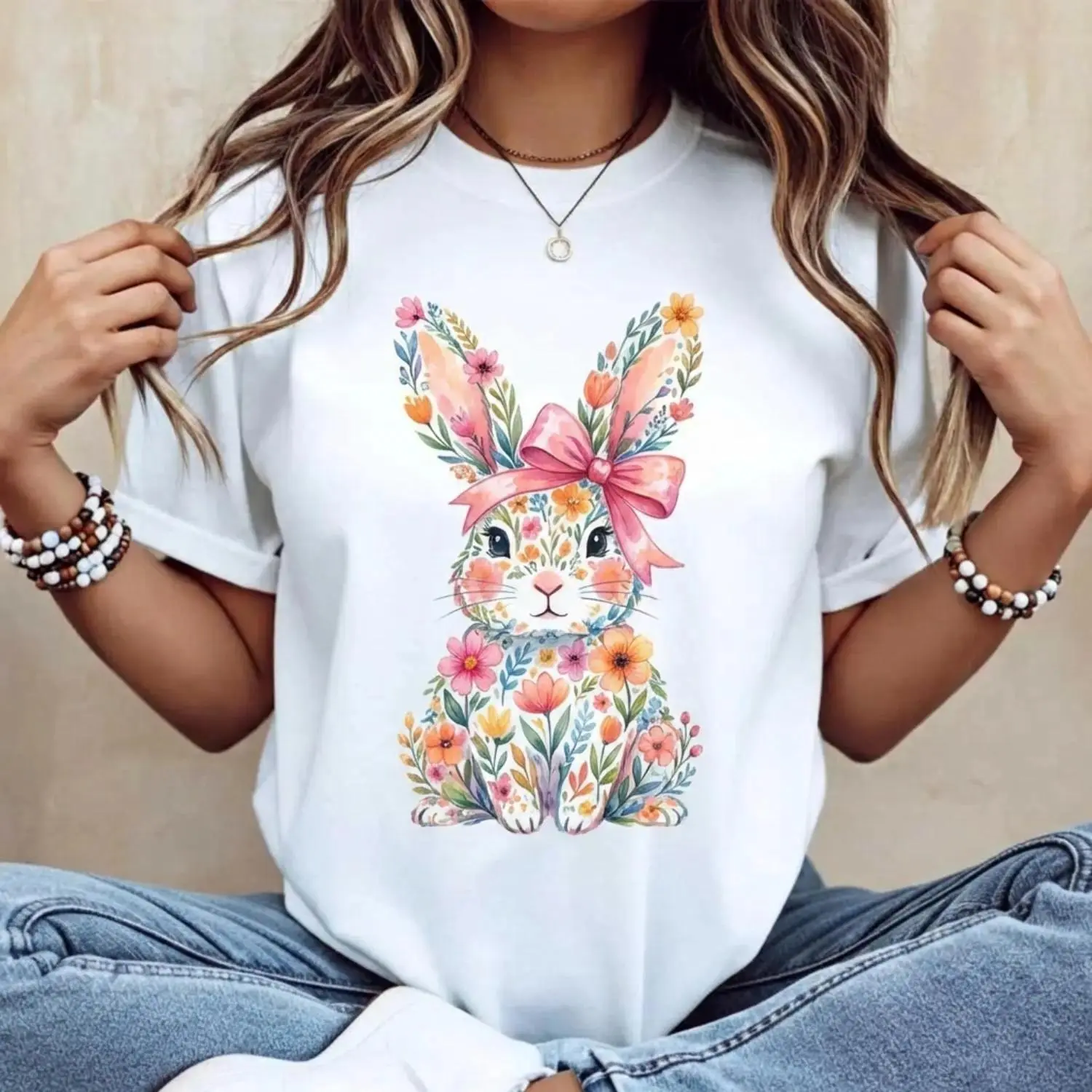 Women's Swirl Bunny Graphic Tshirt, Relaxed Fit Crew Neck Top in Soft Cotton Blend, Lightweight Breathable Fabric for Daily Wear, Cartoon Style, Print Detail, Casual, All Over Print, Full Size Range, Streetwear, Shortsleeve, Round Neck, Bunny Print