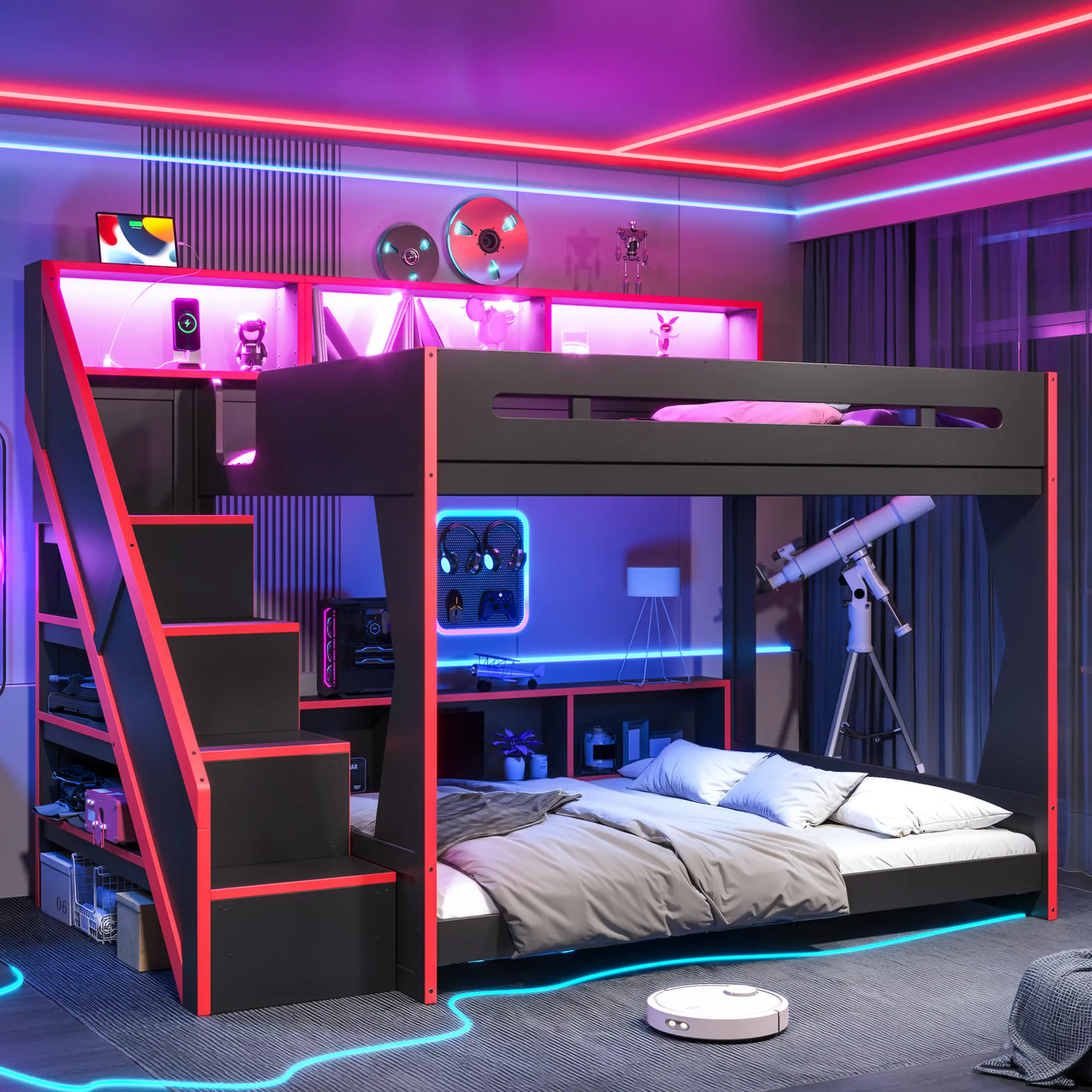 Queen Over Queen Gaming Bunk Bed Frame with Staircase, LED Lights, USB Charging Port and Storage Shelves, Space-Saving Wooden Bunk Bed for Bedroom & Gaming Room, Black