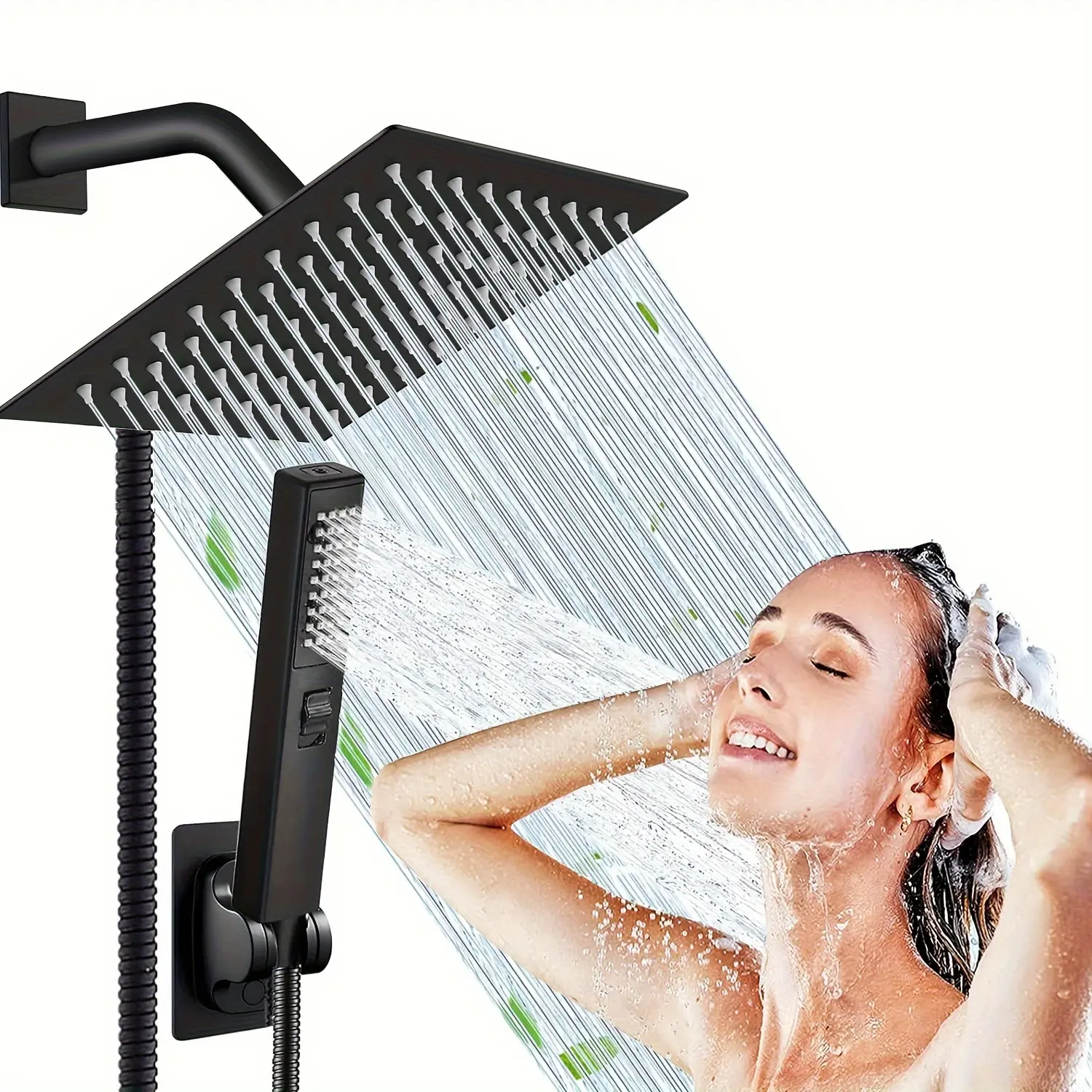 6/8"High Pressure Square RainShower Head and 2-in-1 HandShower.Equipped with 78"Hose, 3Way Diverter Valve,Adhesive ShowerHead Holder new shower Rainfall Water Flow Stainless Steel Installation