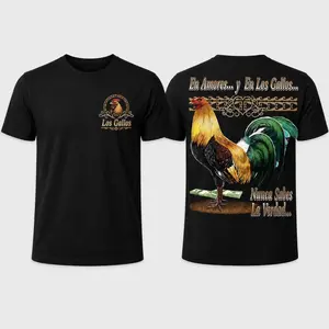Los Gallos Gamefowl T-Shirt, Black Spanish Rooster Graphic Tee, Front Back Print Mexican Ranch Shirt, Gift for Men Rooster Lovers