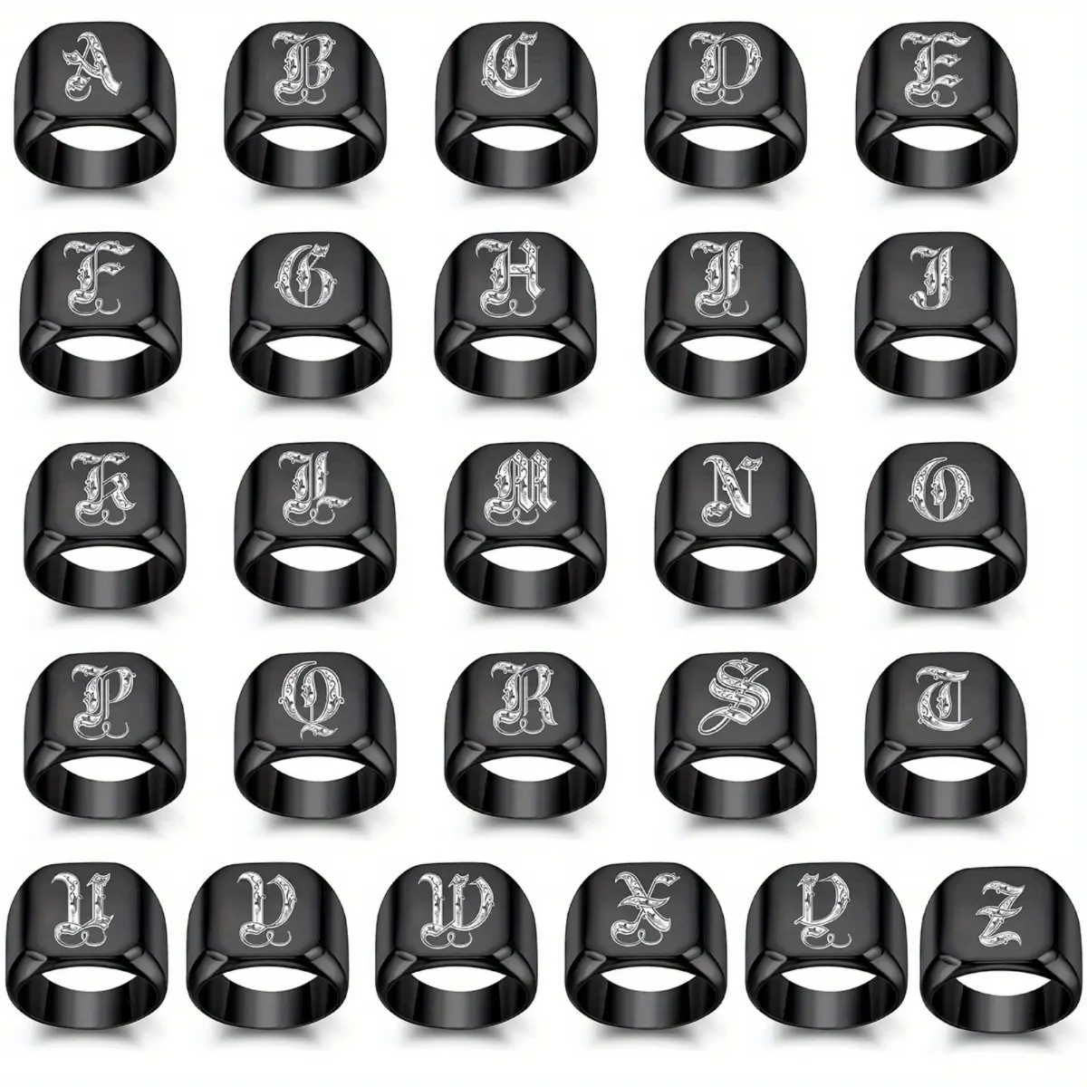 Men's Black Stainless Steel Ring, Retro Hip-Hop Square Initial Band with A-Z Letters, Personalized Trendy Jewelry Gift for Daily Wear, Exquisite Trendy Ring, Men's Accessories For Adults
