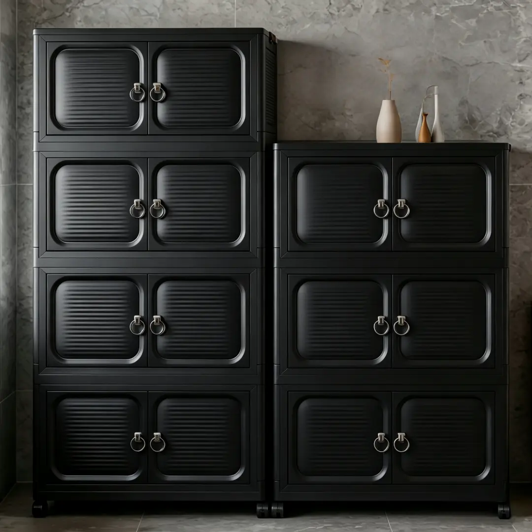 4 Tier Collapsible Storage Cabinet with Wheels, Black Double Door Stackable Folding Organizer with Lockable Casters, Wall Mounted Plastic Storage Bin for Bathroom Small Space