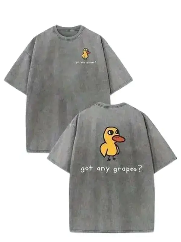 2026 Summer Vintage Heavyweight Washed Duck Graphic T-Shirt – Funny “Get Any Grapes?” Back Print Tee, Oversized Streetwear Loose Fit Cotton Shirt, Y2K Retro Grunge Casual Top for Men & Women, Soft Breathable Summer Essential