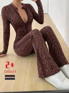Women's Leopard Print Zipper Long Sleeve Seamless Yoga Suit, High Waist Butt Lifting Sporty Pants, Slim Fit Fitness Running