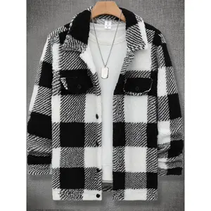 Men's Plaid Print Button Front Fuzzy Lounge Jacket, Casual Long Sleeve Collared Outerwear for Fall & Winter, Men's Sleepwear for Daily Wear