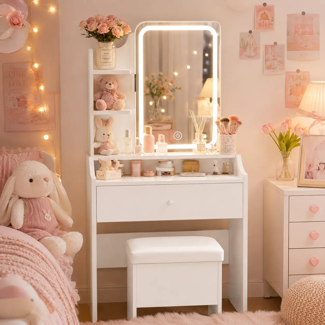 24-Inch Small Makeup Vanity Desk with LED Mirror & Matching Stool - Modern Furniture with Drawer Storage, Built-In Light, Daily Elegance for Bedrooms, Dorms led-lit