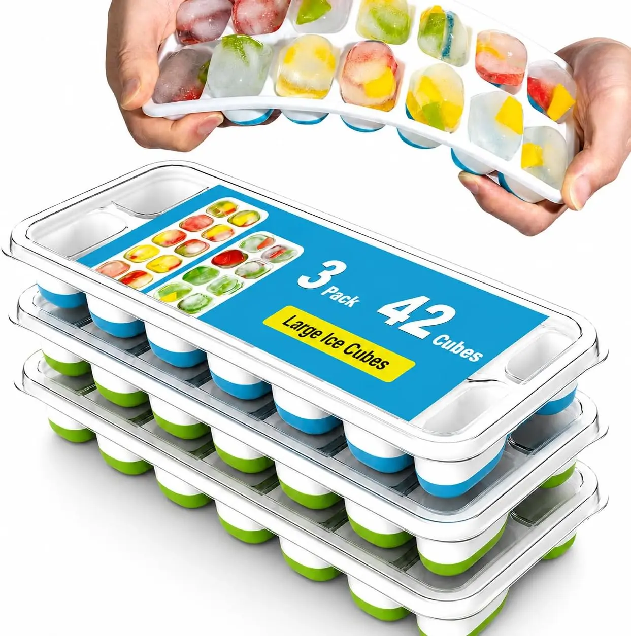 3 Pack Silicone Ice Cube Trays with Lids for Freezer, Easy Release Ice Cube Mold, Stackable BPA Free Ice Trays, Flexible Ice Cube Maker, Large 1.2 Inch Ice Cubes for Whiskey, Cocktails, Coffee & Drinks