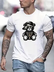 Men's Regular Fit Cartoon Bear Print Round Neck Tee, Fashion Casual Streetwear Short Sleeve T-shirt for Daily Outdoor Wear, Graphic Tees, Mens Clothes for Summer