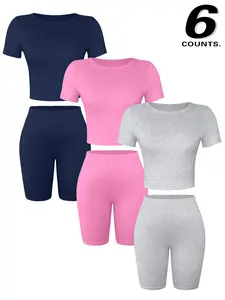 Women's Solid Ribbed Crop Top & Skinny Shorts Set, Casual Comfy Breathable Short Sleeve Top & Shorts for Daily Wear, Ladies Two-piece Outfits for All Seasons
