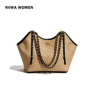 The Coastal Quilted Tote - Elegant Woven Straw Shoulder Bag Black Trim with Chain Strap for Summer Beach Vacation
