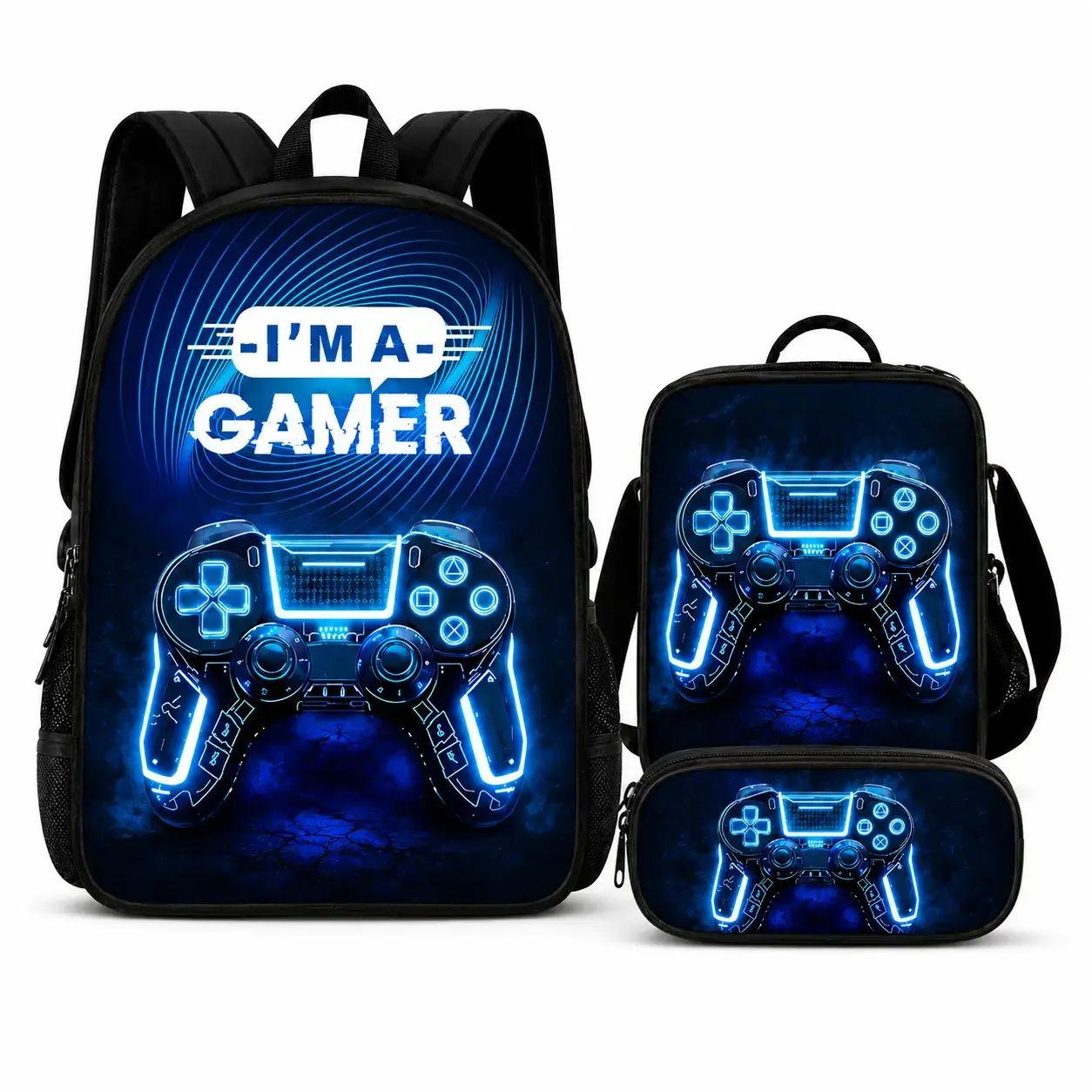 3-piece blue gaming controller graphic carry collection, Oxford cloth main bag with matching lunch case and pencil case, lightweight zippered design with reinforced stitching, breathable back panel and adjustable padded straps