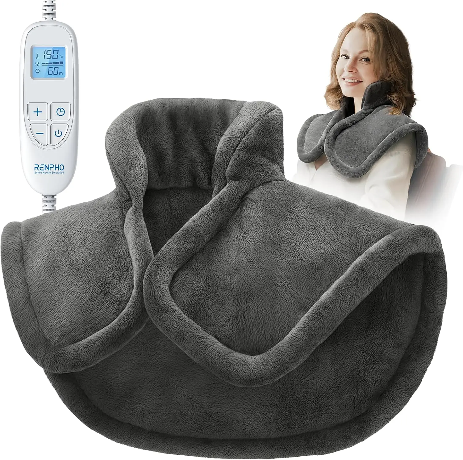 Renpho Weighted Heating Pad for Neck, Shoulders, and Back Pain Relief, Large 21"x23" Electric Heat Wrap with 6 Settings & Auto Shut-Off, Large Size, Shoulder Pain Relief, Soft Flannel, Wearable Wrap, Machine Wash
