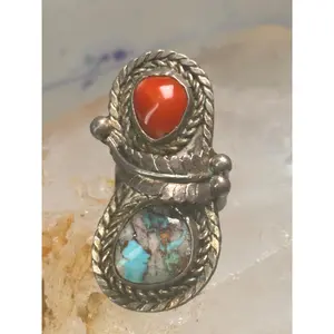 Navajo ring feather turquoise coral size 6.75 sterling silver women