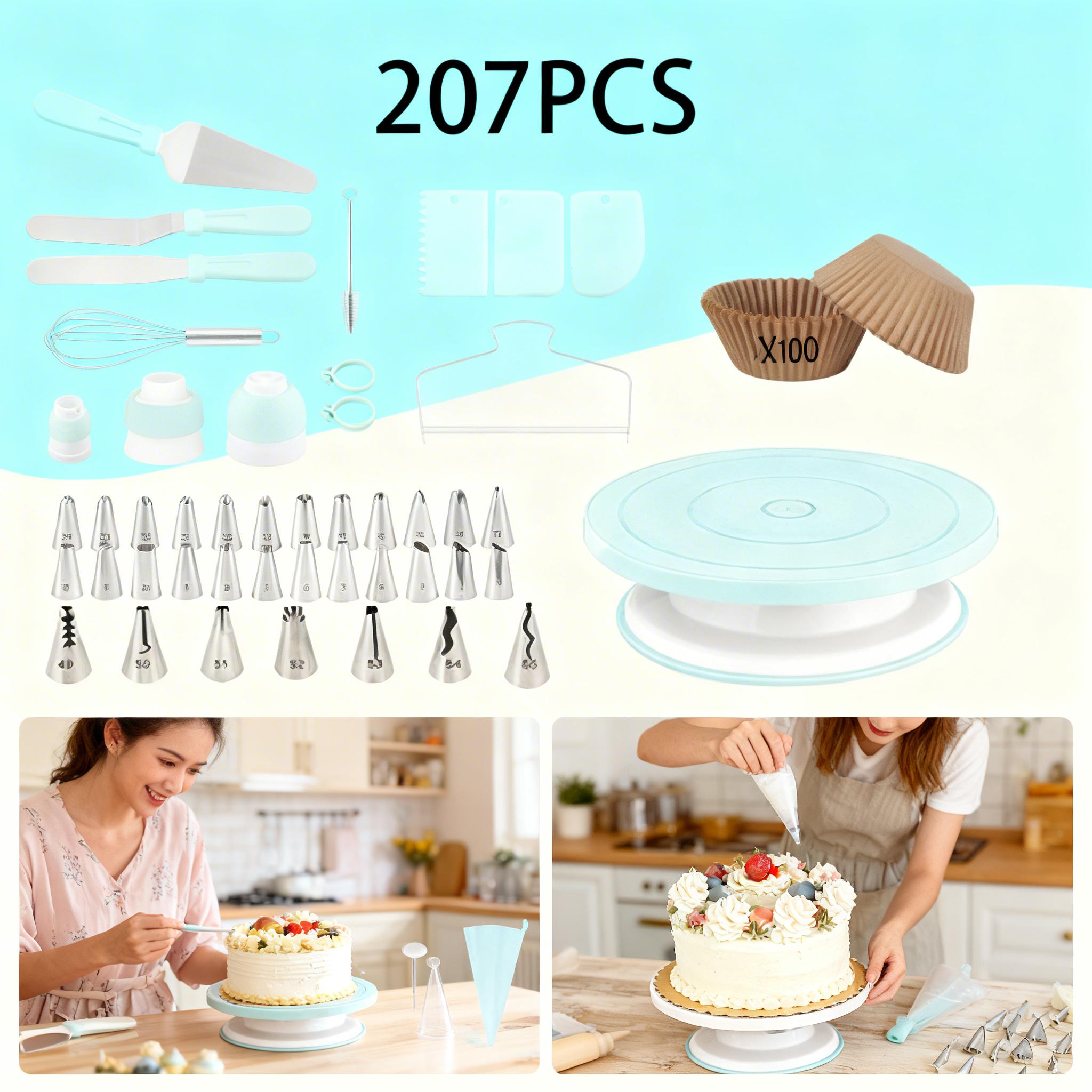 207 Pcs Cake Decorating Supplies Kit with Rotating Turntable Stand, 100 Piping Bags, 48 Icing Tips, 3 Couplers, 3 Scrapers, Spatulas, Baking Tools Set for Beginners & Pros, Cake Turntable for Frosting, Birthday Cakes