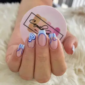 24pcs French Blue Heart Line False Nails, Reusable Wearable Armor, Easy to Apply, Durable, Daily Party Creative Manicure, Includes Jelly Glue and File