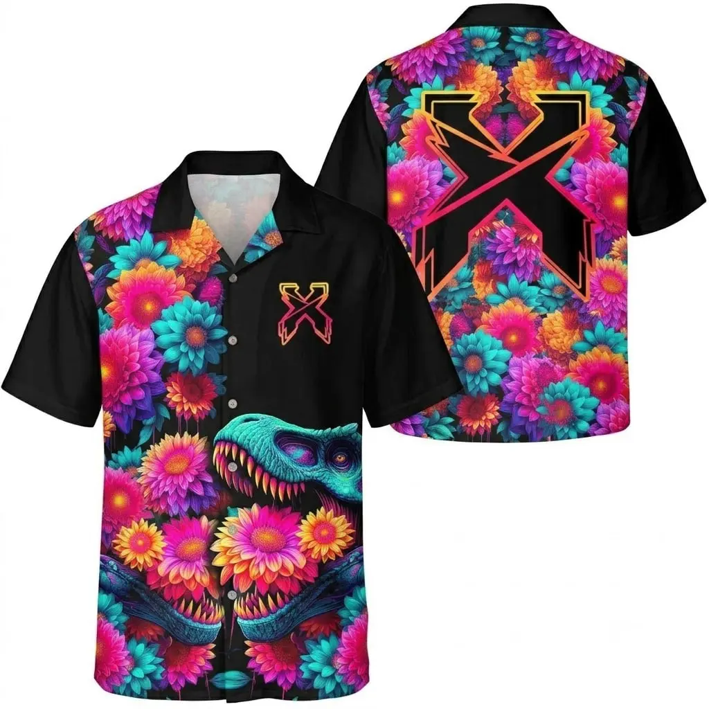 Excisi0n DJ Trippy Floral T-rex Rave 3D Hawaiian Shirt, Electronic Music Producer All Over Print Jersey, Edm Festivals Sport Team Outfit Game Day Uniform, Gift For Fan