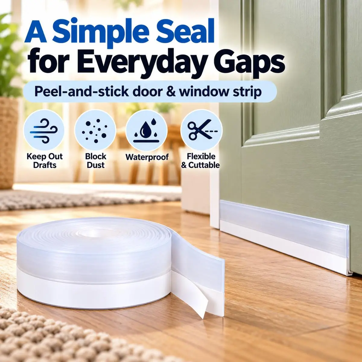 Self-Adhesive Silicone Door and Window Seal Strip, 35mm x 5m Per Roll, Flexible Cut-to-Fit Weather Stripping for Small Gaps