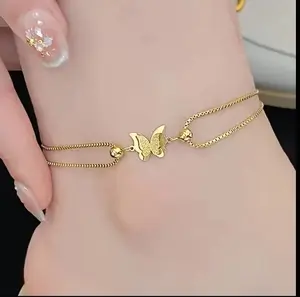 Elegant Women's Butterfly Anklet Gold-Plated Stainless Steel Adjustable Double-Layer Waterproof Fine Jewelry for Daily Wear Birthday Mother's Day Gift