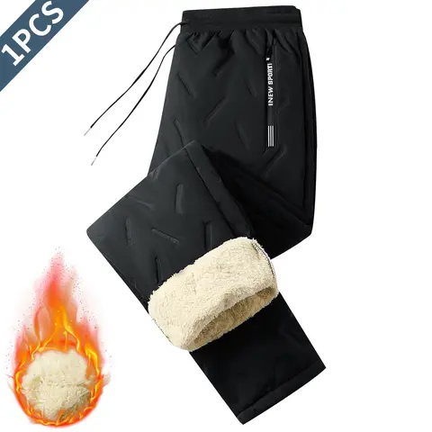 Men's Autumn Winter Thick Warm Cotton Lined Sports Joggers - High Waist Drawstring, Straight Leg, Windproof Thermal, Regular Fit, Waterproof Zippered Pocket, Athleisure Style, Casual Comfy Sporty Gym Bottoms for Daily Wear