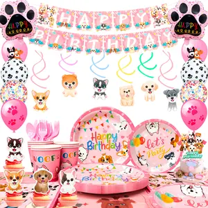 Puppy Birthday Decorations, 161 pcs Puppy Party Decorations, Pink Dog Tableware Set, Pink Puppy Plates Cups Napkins, Dog Birthday Banner Balloons Cupcake Toppers etc Dog Birthday Party Supplies