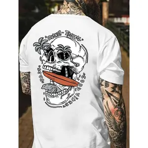 Tropical Skull Surfing Graphic T-Shirt, Edgy Skeleton Beach Back Print Tee, Good Vibes Journey Surf Shirt, Men's Casual Summer Punk Rock Top, Tropical Vacation Gift