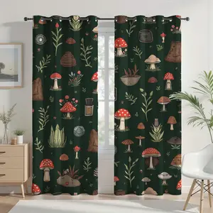 2pcs Dark Green Mushroom Botanical Print Curtains - Semi-Transparent Flannel Fabric, Grommet Top Design for Easy Hanging, Perfect for Bedroom, Living Room, or Kitchen Decor