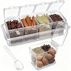 YFMHK 4-in-1 Transparent Kitchen Seasoning Caddy with Scoop - Home Organizer Storage Solution, Stylish Time-Saving Kitchen Supply (Limited Stock)