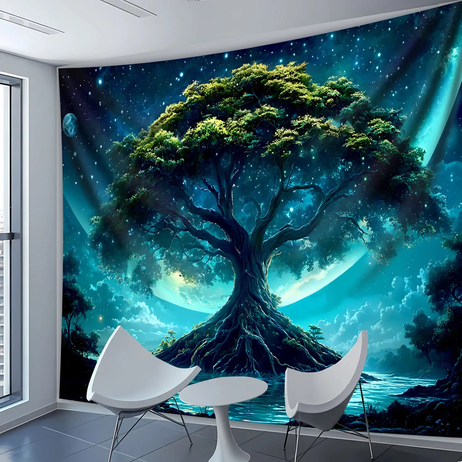 Dreamy Life Tree Landscape Photo Tapestry, Large Digital Print Wall Hanging, Polyester Art Fabric, Home Decor for Living Room Bedroom Office, Starry Sky Pattern