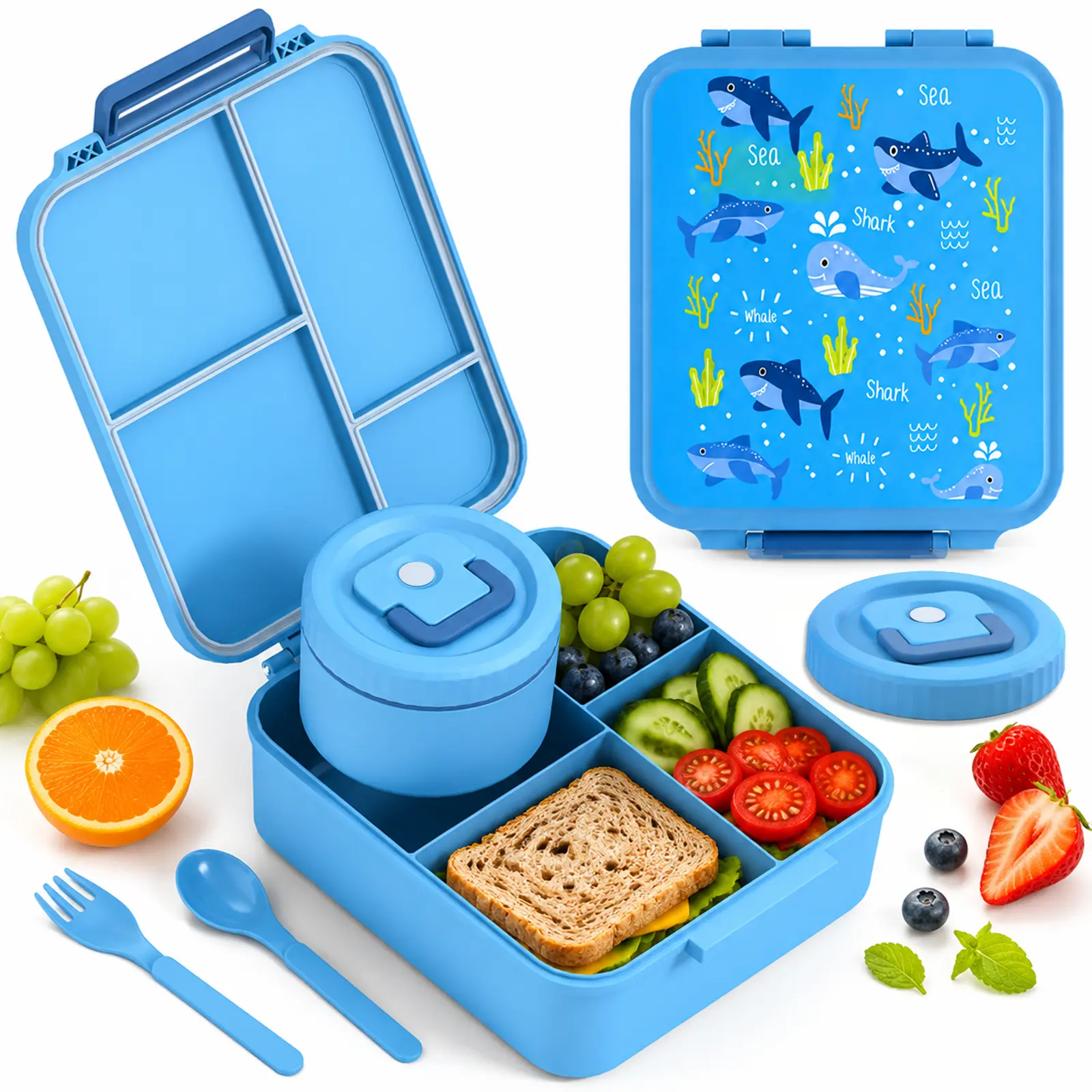 Bento Lunch Box 4-Compartment Leakproof Food Container, Lunch Boxes with Tableware Cutlery & Soup Cup, BPA-Free PP Material, Microwave & Dishwasher Safe for Kids Adults School Travel electric
