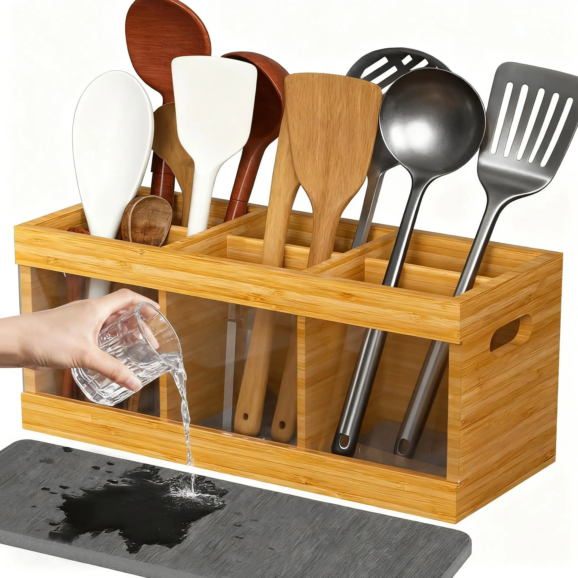 6-Compartment Bamboo Utensil Holder with Diatomaceous Earth Drying Mat - Countertop Flatware Storage Caddy, Kitchen Organizer for Home & Party