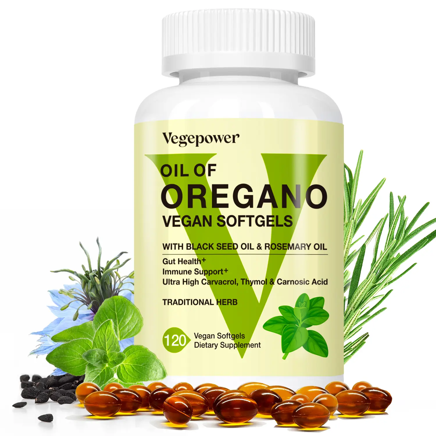Oil of Oregano Vegan Softgel, 4-in-1 Oil of Oregano with Black Seed Oil, Rosemary & Vitamin A, Organic Oregan Capsules, 4X Strength Carvacrol & Thymol for Immune Support, Non-GMO, 120 Ct