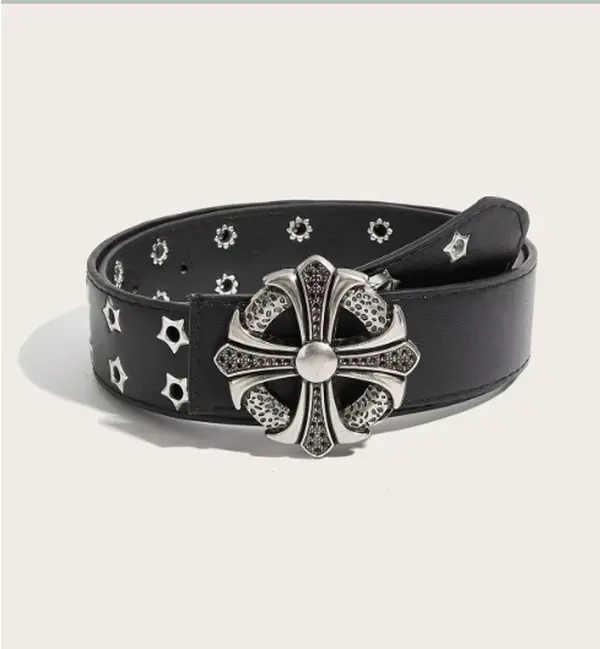 Unisex PU Leather Belt, Embossed Cross Design, Metal Buckle - Punk-Inspired Versatile Trendy Fashion Accessory for Men