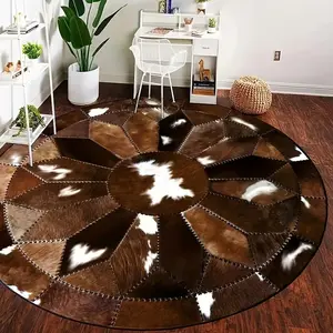 Round Cowhide Pattern Area Rug, Non-slip Washable Rug, Boho Area Rug, Decorative Carpet for Home Living Room Bedroom Office, Home Decor, Geometric Pattern Rug, Vintage Boho Rug
