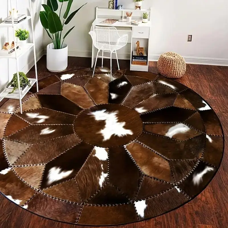 Round Cowhide Pattern Area Rug, Non-slip Washable Rug, Boho Area Rug, Decorative Carpet for Home Living Room Bedroom Office, Home Decor, Geometric Pat