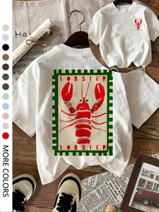 Women's Lobster Print Round Neck Tee, Casual Short Sleeve Crew Neck T-Shirt for Daily Wear, Ladies Sleepwear for All Seasons, Tops