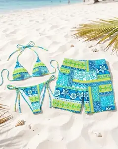 Matching His and Hers Summer Set Teal Lime Mandala Print Triangle Bikini and Men Swim Trunks Beachwear Outfit