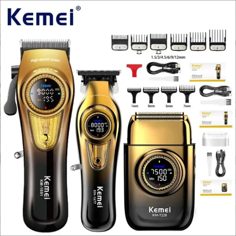 Kemei Rechargeable Electric Durable Hair Clipper Set Km-1691 Km-1677 Km-T228, Professional Trimmer & Shaver for Men, Cordless Hair Cutting Machine, Hair Clippers Set