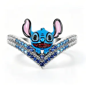 DISNEY Stitch Adjustable Ring – Open Torc Style with Enamel Stitch Design, Lightweight Silver Jewelry for Women and Teens, Great Gift for Lilo and Stitch Fans