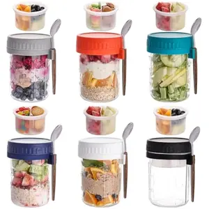 6 Pack Overnight Oats Containers with Lids and Spoons, 16 OZ Glass Mason Jars with Removable Separate Compartments, Airtight Leak Proof Oatmeal Container for Chia Pudding, Yogurt, Breakfast, Cereal