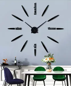 DIY Wall Clock, 3D Mirror Stickers Large Wall Clock Modern Design Watches Hours for Home Living Room Bedroom Office Decoration Gifts-Black 012