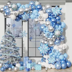Blue Snowflake Balloon Garland Arch Kit-Snowflake Balloon With Silver Blue White Latex Balloons Set For Winter Wonderland Holiday Christmas Baby Shower Snow Princess Birthday Party Decorations