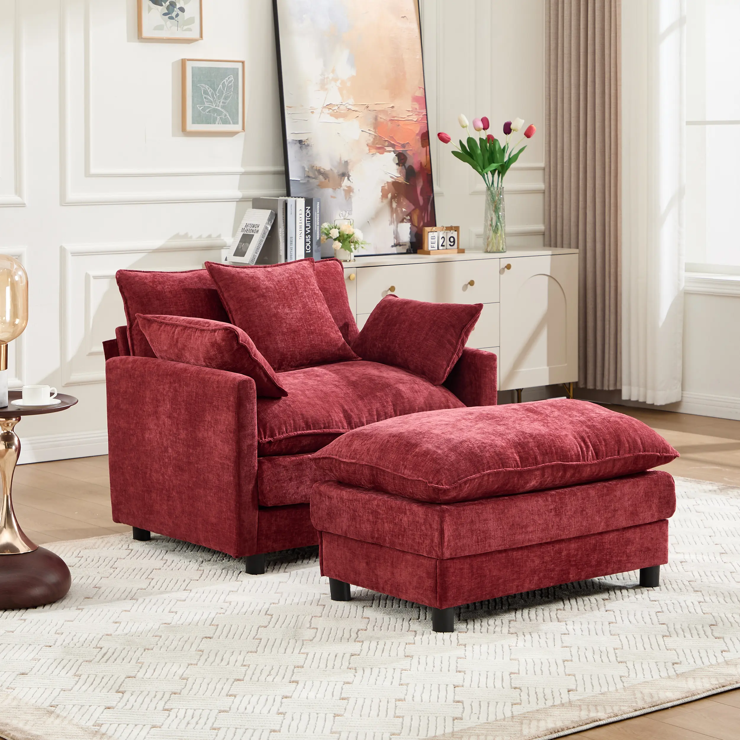 39.4" Chenille Accent Chair with Ottoman, Modern Upholstered Club Armchair, Soft Pillow Top Arms Reading Chair for Living Room & Bedroom, 350 LBS Capacity,Wine Red