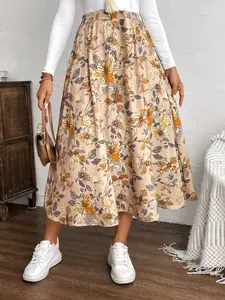 Plus Size Boho Floral Print High Waist A-Line Midi Skirt, Elastic Waist Loose Fit Casual Dress, Soft Lightweight Daily Wear, Womenswear