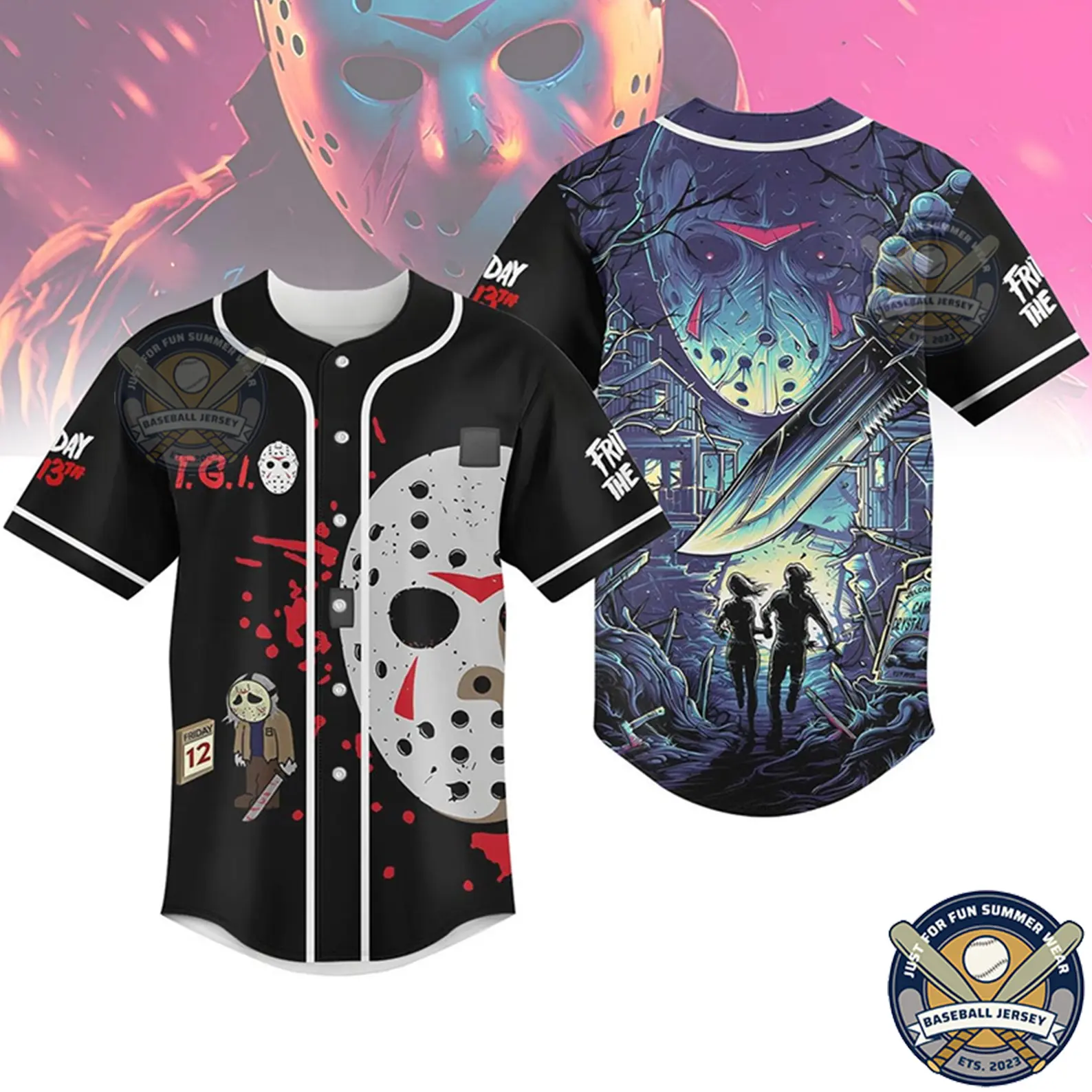 Jason Voorhees Friday The 13th Black Red Baseball Jersey Personalized Name Number Horror Movie Cosplay Shirt Lightweight Breathable Short Sleeve Sports Top Casual Streetwear Gift for Men and Women Fans