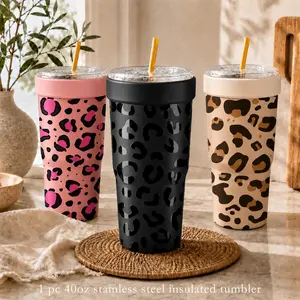 32oz Leopard Print Universal Cup Insulator for To-Go Coffee, Vacuum Stainless Steel Can Cooler Keeps 12H Ice Cold, High Aesthetic Summer Drink Holder for Office & Car
