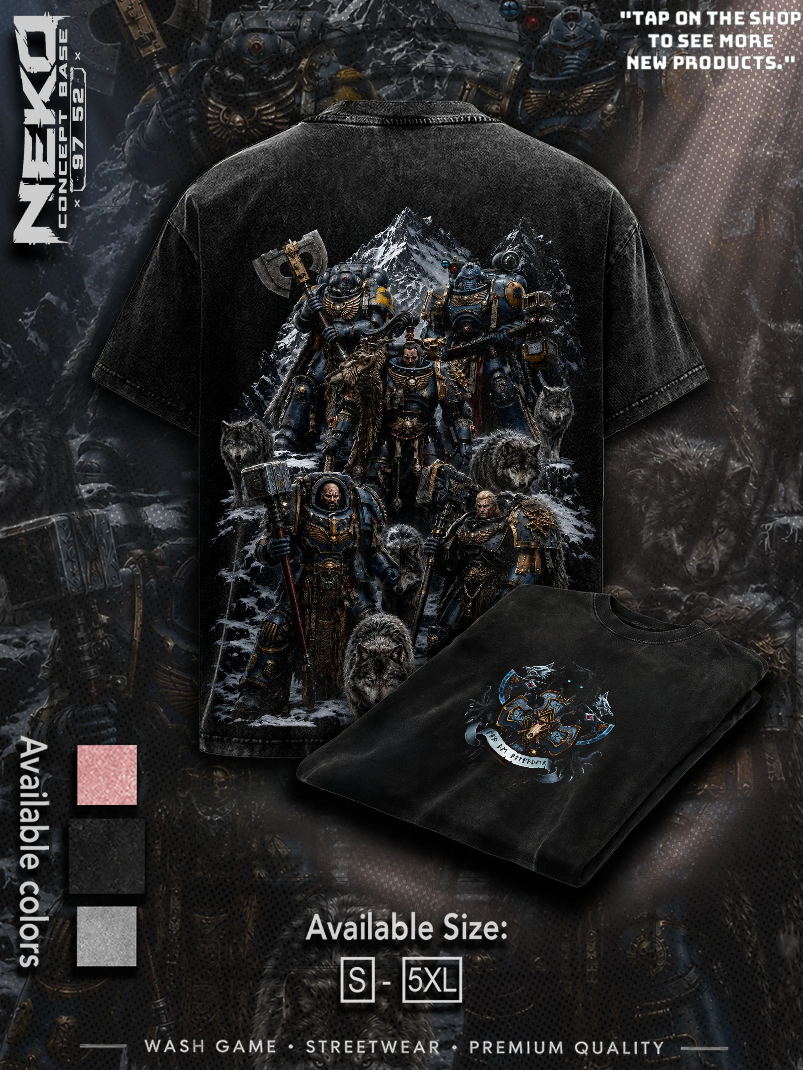 Warhammer 40k Space Wolves Washed Tee, Vintage Streetwear Graphic T-shirt, Unisex Premium Heavyweight Cotton Loose-Fit Men's T shirts,  90s Retro Sci-Fi Oversized Apparel, Trendy Summer Outfits Casual Tops, Gift for fan WH40K