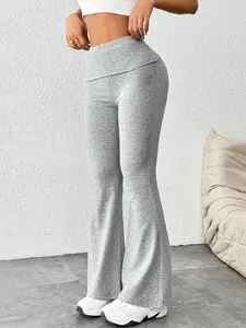 Women's Solid Color Casual Flare Leg Pants, Boho Chic Trousers, Ruched Waist Design, Comfortable Fashion Daily Wear, Perfect for Everyday Use, Casual Bohemian Trousers