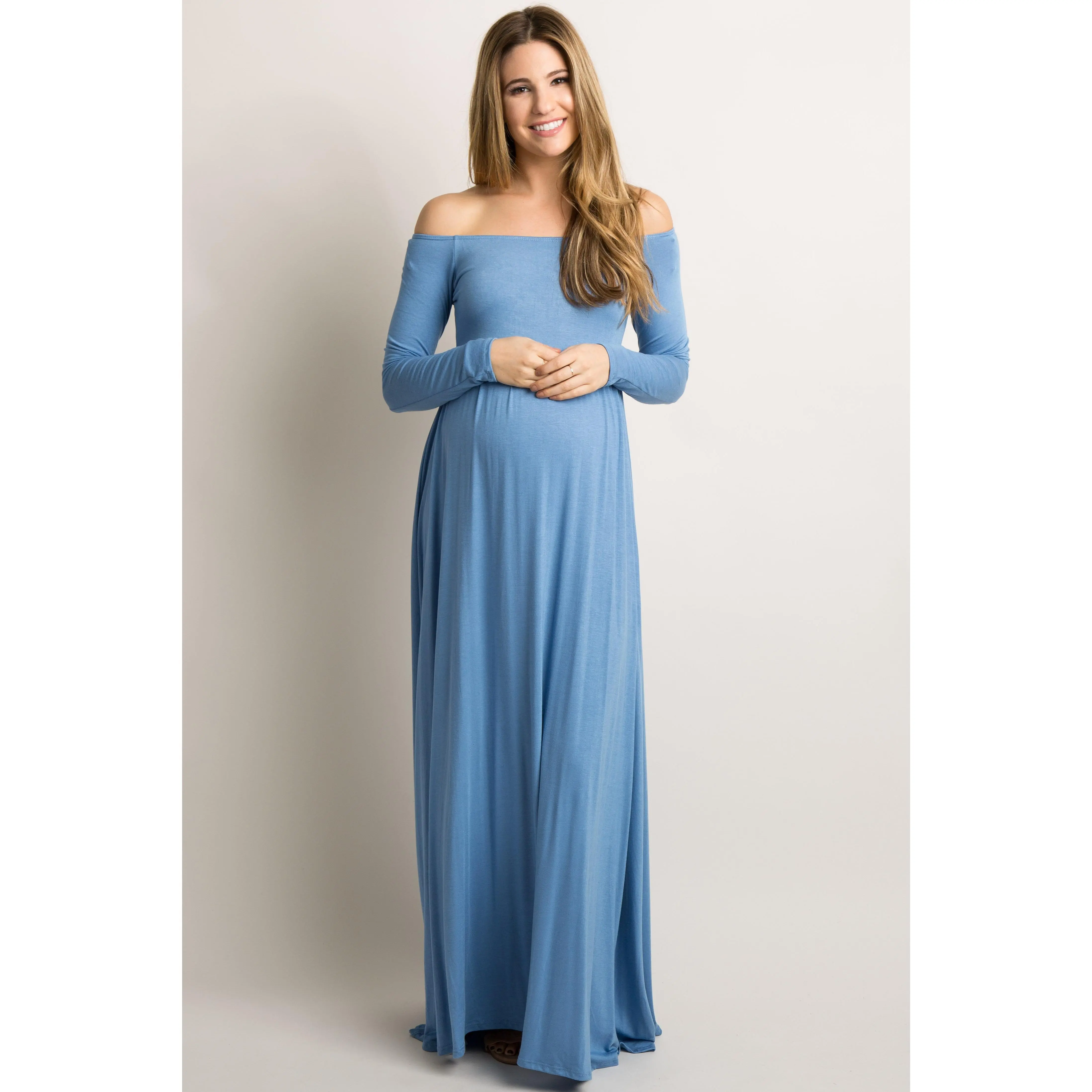Petite Blue Plain Off-Shoulder Maternity Maxi Dress - Maternity Apparel, Stretch Fabric, Easy Dress-Up for Baby Showers