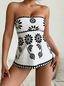 Summer Boho Style Floral Print Tankini Swimsuit Set, Beach Vacation Cover Up Slimming Bikini, Casual Bathing Suit, Floral Pattern Tankini